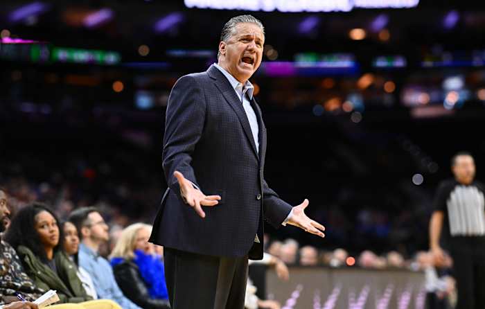 Dec 9, 2023; Philadelphia, Pennsylvania, USA; Kentucky Wildcats head coach John Calipari reacts against the Penn Quakers in the second half at Wells Fargo Center. Mandatory Credit: Kyle Ross-USA TODAY Sports